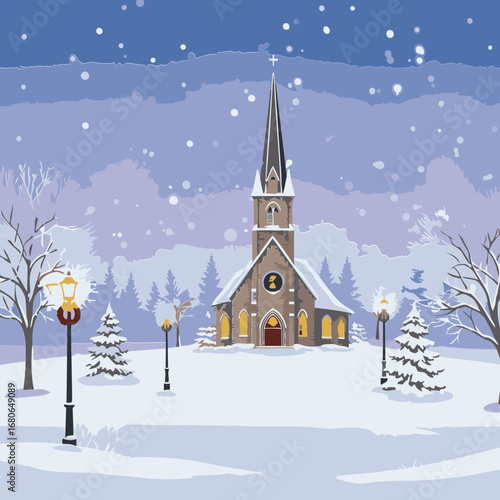 Snowy winter scene with a church in a quiet town. Ornate church stands illuminated against a winter wonderland.