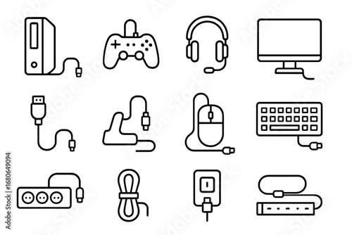 Gaming Setup Icons. Outline icon set of gaming setup cables: console, controller, headset, monitor, HDMI cable