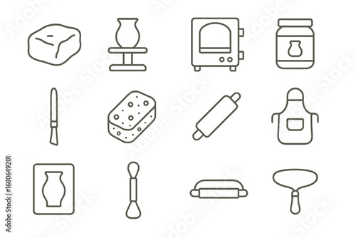 Ceramic Workshop Icons. Outline icon set of ceramic workshop: clay, pottery wheel, kiln, glaze jar, carving