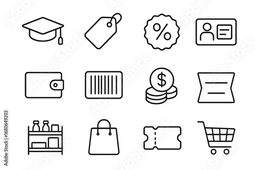 Student Discount Icons. Outline icon set of student discounts: graduation cap, price tag, percentage badge,