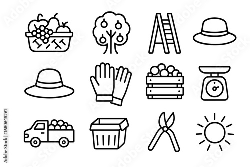 Harvest Icon Set. Outline icon set of harvest season: basket of fruit, orchard tree, ladder, farmer hat,