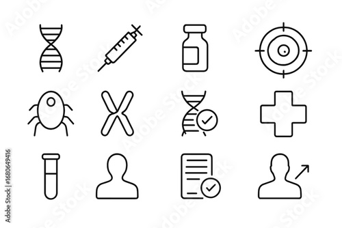 Gene Therapy Icons. Outline icon set of gene therapy: DNA helix, syringe, medical vial, cell target, nanobot,