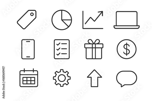 Pricing Strategy Icons. Outline icon set of pricing strategy: price tag, pie chart, graph, laptop, phone,