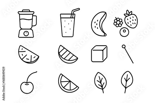 Fruit Smoothie Icons. Outline icon set of fruit smoothies: blender, tall glass, straw, banana slice, berry mix