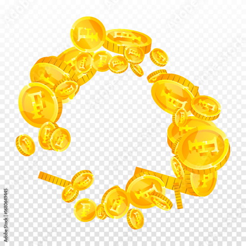 Swiss franc coins falling. Gold scattered CHF