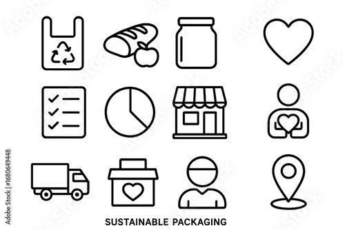 Sustainable Packaging Icons. Outline icon set of sustainable packaging: reusable bag, bread loaf, apple, jar,