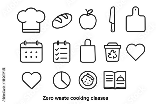 Zero Waste Cooking Icons. Outline icon set of zero waste cooking classes: chef hat, bread loaf, apple, cutting