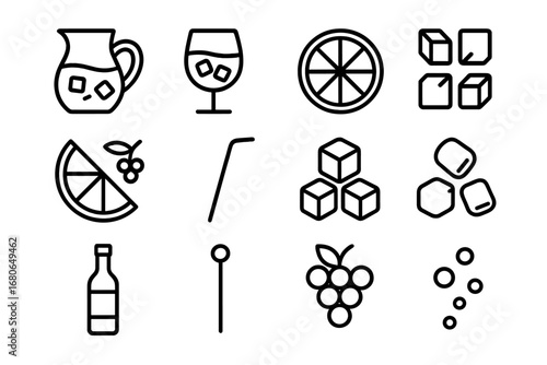 Sangria Icon Set. Outline icon set of sangria: pitcher, wine glass, orange slice, apple cubes, lemon slice,