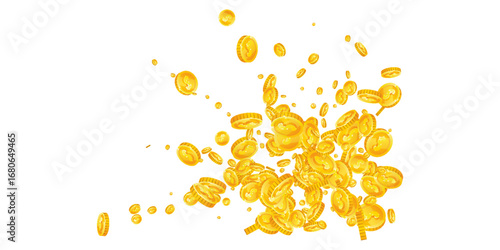 American dollar coins falling. Scattered gold USD