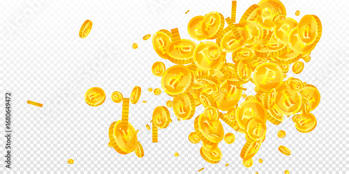 Russian ruble coins falling. Scattered gold RUB