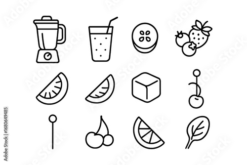 Fruit Smoothie Icons. Outline icon set of fruit smoothies: blender, tall glass, straw, banana slice, berry mix