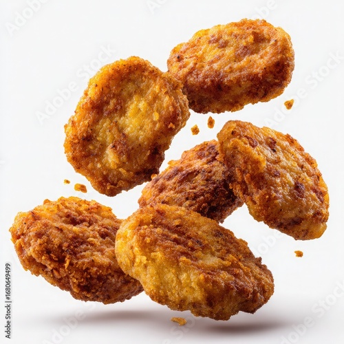 Six golden fried chicken nuggets floating against white