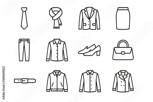 Wardrobe Essentials Icons. Outline icon set of wardrobe essentials: tie, scarf, blazer, skirt, trousers,