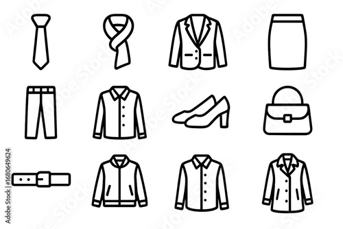Wardrobe Essentials Icons. Outline icon set of wardrobe essentials: tie, scarf, blazer, skirt, trousers,