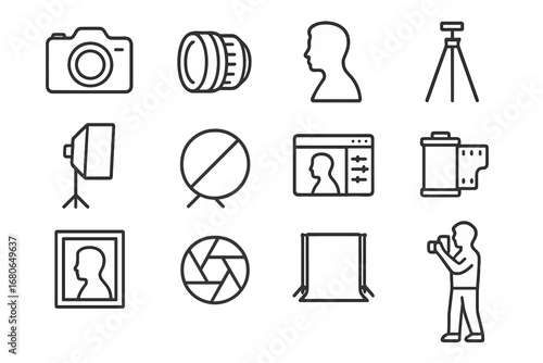 Fine Art Icon Set. Outline icon set of fine art black and white portraiture: camera, lens, portrait silhouette