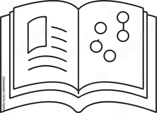Open book with scientific diagrams concept of science, education, research, and knowledge line art illustration