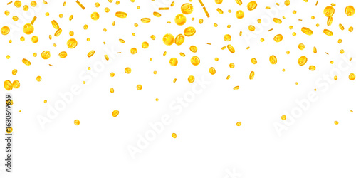 Japanese yen coins falling. Scattered gold JPY