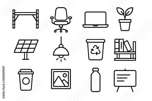 Sustainable Office Icons. Outline icon set of sustainable office designs: bamboo desk, ergonomic chair, laptop