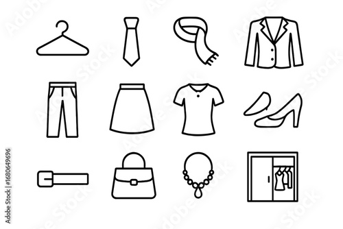 Wardrobe Icon Grid. Outline icon set of wardrobe organization: hanger, tie, scarf, blazer, trousers, skirt,