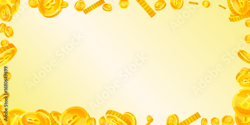 Bitcoin coins falling. Cryptocurrency scattered