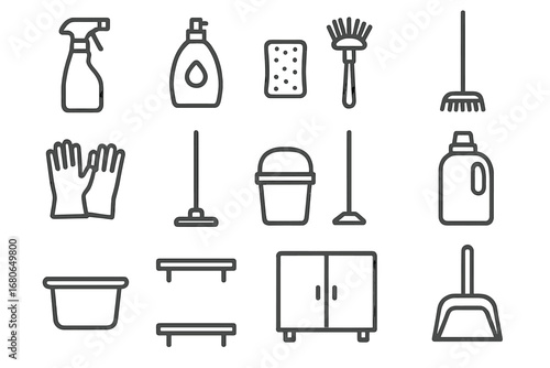 Kitchen Cleaning Icons. Outline icon set of kitchen cleaning product storage: spray bottle, dish soap, sponge,