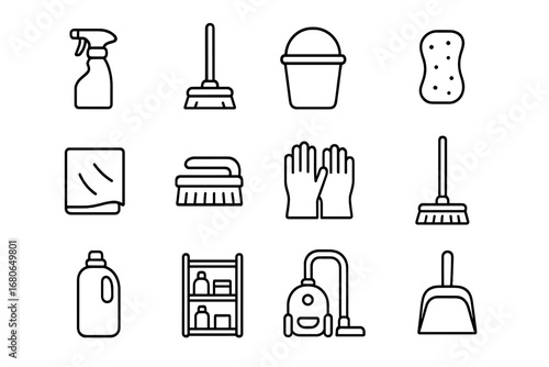 Cleaning Tools Icons. Outline icon set of neatly arranged cleaning tools: spray bottle, mop, bucket, sponge,