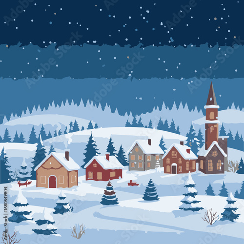 Snowy Christmas village scene at night with cozy houses, decorated trees, and falling snow. Winter wonderland village with festive decorations in a tranquil setting.