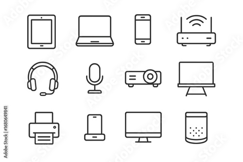 Mobile Learning Devices Icons. Outline icon set of mobile learning devices: tablet, laptop, smartphone, Wi-Fi