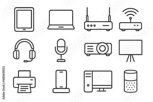 Mobile Learning Devices Icons. Outline icon set of mobile learning devices: tablet, laptop, smartphone, Wi-Fi