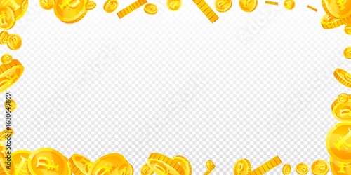 Russian ruble coins falling. Scattered gold RUB