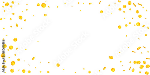 Japanese yen coins falling. Scattered gold JPY