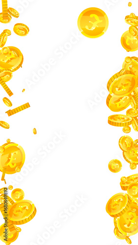 British pound coins falling. Scattered gold GBP