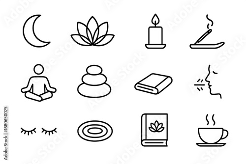 Evening Meditation Icons. Outline icon set of evening meditation routine: moon, lotus flower, candle, incense