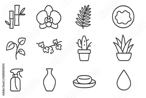 Eco-Bathroom Icon Set. Outline icon set of eco-bathroom greenery: bamboo stalk, orchid flower, fern leaves,