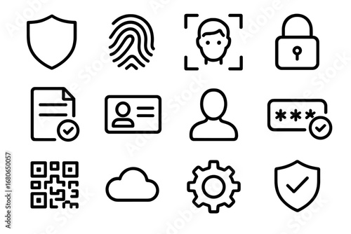 Privacy Icons Set. Outline icon set of privacy and consent management: shield icon, fingerprint, face scan,