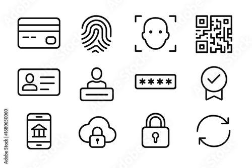 Banking Identity Icons. Outline icon set of banking digital identity: credit card, fingerprint, face scan, QR