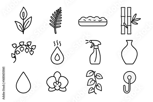 Calming Bathroom Plant Icons. Outline icon set of calming bathroom plants: peace lily, fern frond, moss tray,