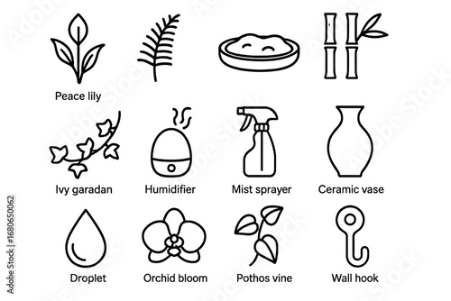 Calming Bathroom Plant Icons. Outline icon set of calming bathroom plants: peace lily, fern frond, moss tray,