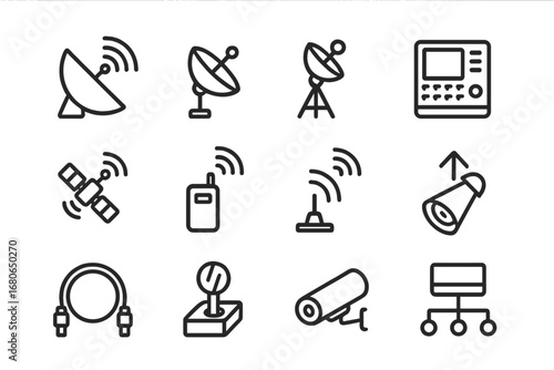 Space Communication Icons. Outline icon set of space station communication systems: high-gain antenna,
