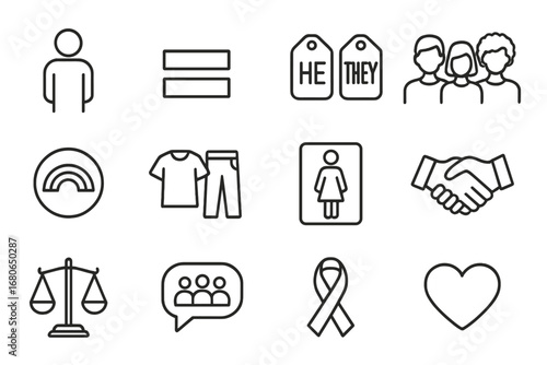 Gender-Inclusive Icons. Outline icon set of gender-inclusive branding: gender-neutral figure, equality sign,