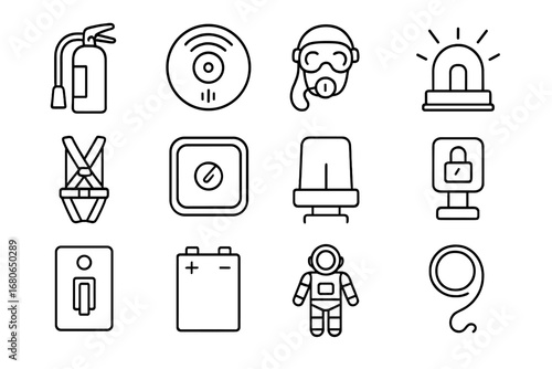 Space Station Safety Icons. Outline icon set of space station safety systems: fire extinguisher, smoke