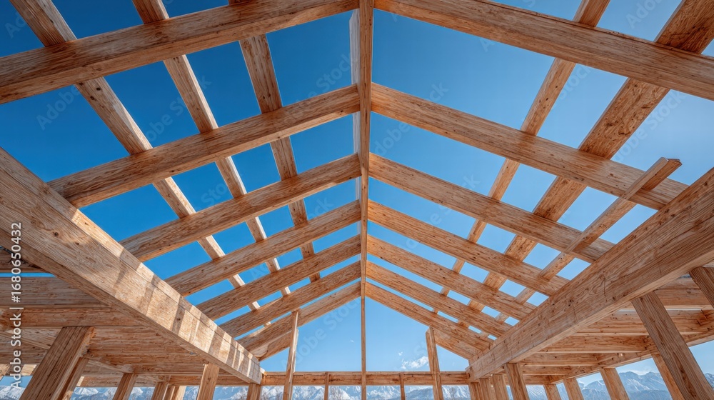 Fototapeta premium Wooden structure with a blue sky background, showcasing architectural design.