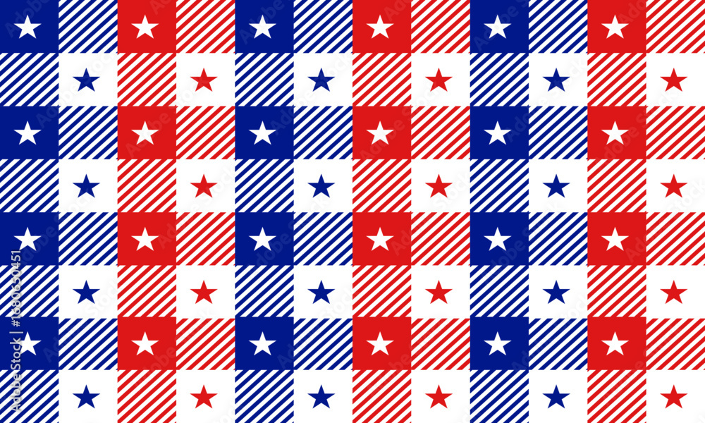 Fototapeta premium Seamless pattern design consists of a grid of alternating squares, some solid blue with white stars, others red and white striped, and some solid red with white stars. 