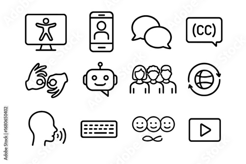 Inclusive Digital Icons. Outline icon set of inclusive digital presence: accessible website, mobile phone,