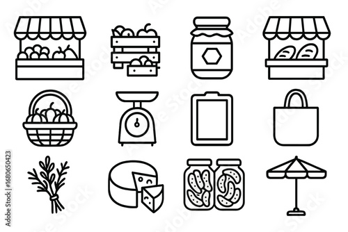 Farmer's Market Icons. Outline icon set of farmer’s market: fruit stand, vegetable crates, honey jar, bread