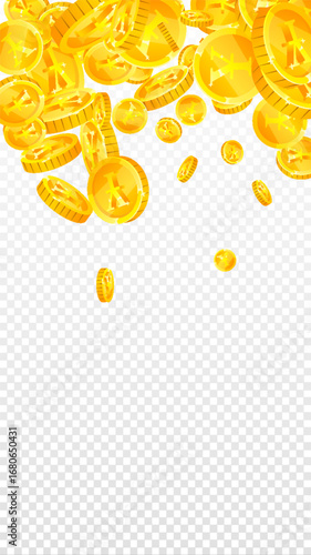 Japanese yen coins falling. Scattered gold JPY