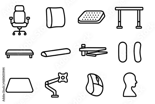 Ergonomic Office Icon Set. Outline icon set of ergonomic home office gear: ergonomic chair, lumbar pillow,