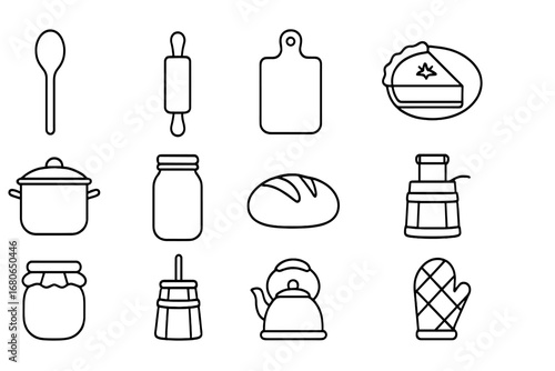 Rustic Kitchen Icons. Outline icon set of rustic harvest kitchen: wooden spoon, rolling pin, cutting board,