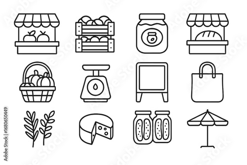 Farmer's Market Icons. Outline icon set of farmer’s market: fruit stand, vegetable crates, honey jar, bread