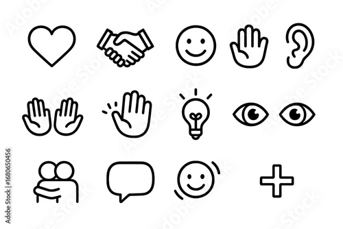 Kindness Icon Set. Outline icon set of kindness in conversation: heart icon, handshake, smile face, listening